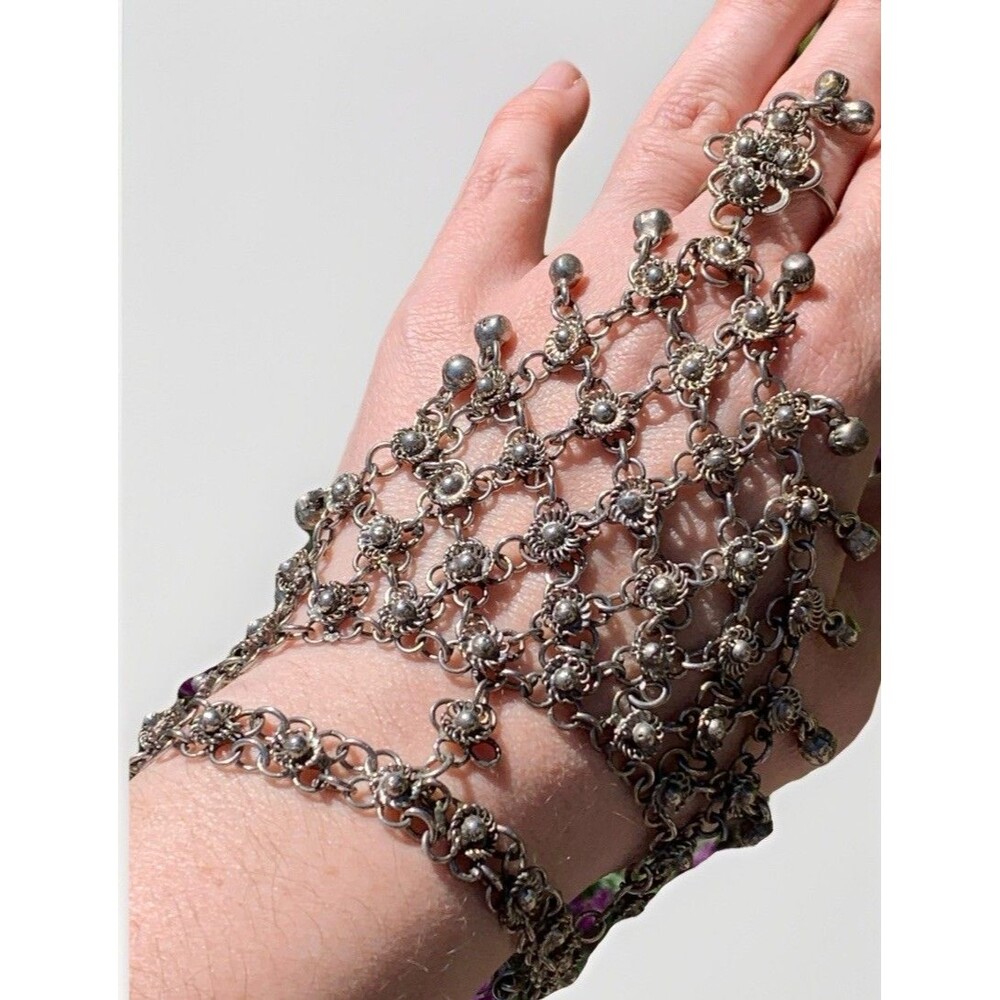 Vintage Slave Ring Chain Link Bracelet Silver Tone Bells Festival Belly Dance